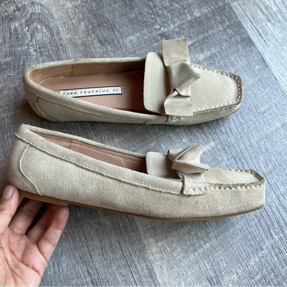 Zara Ice Beige Split Suede Loafers With Bow Moccasin EU37